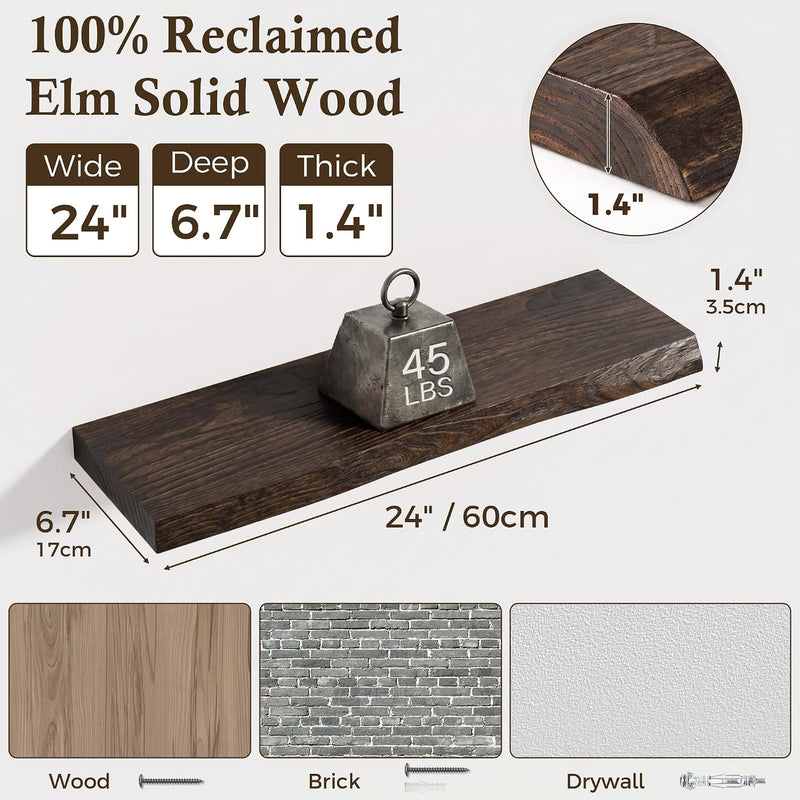 Solid Wood Floating Shelves 60CM Natural Elm Wall (Set of 2)