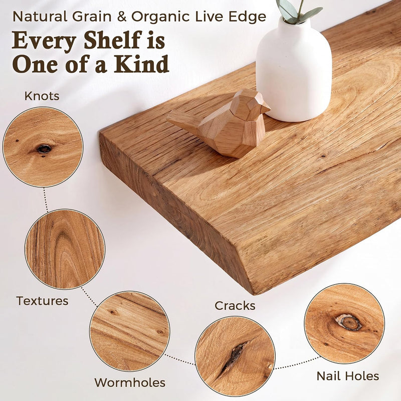 Solid Wood Floating Shelves 60CM Natural Elm Wall (Set of 2)