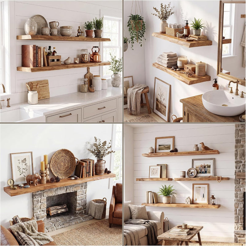 Solid Wood Floating Shelves 60CM Natural Elm Wall (Set of 2)
