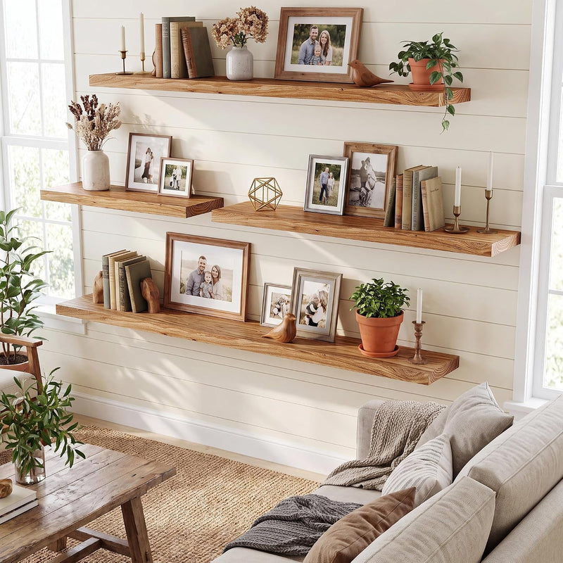 Solid Wood Floating Shelves 60CM Natural Elm Wall (Set of 2)