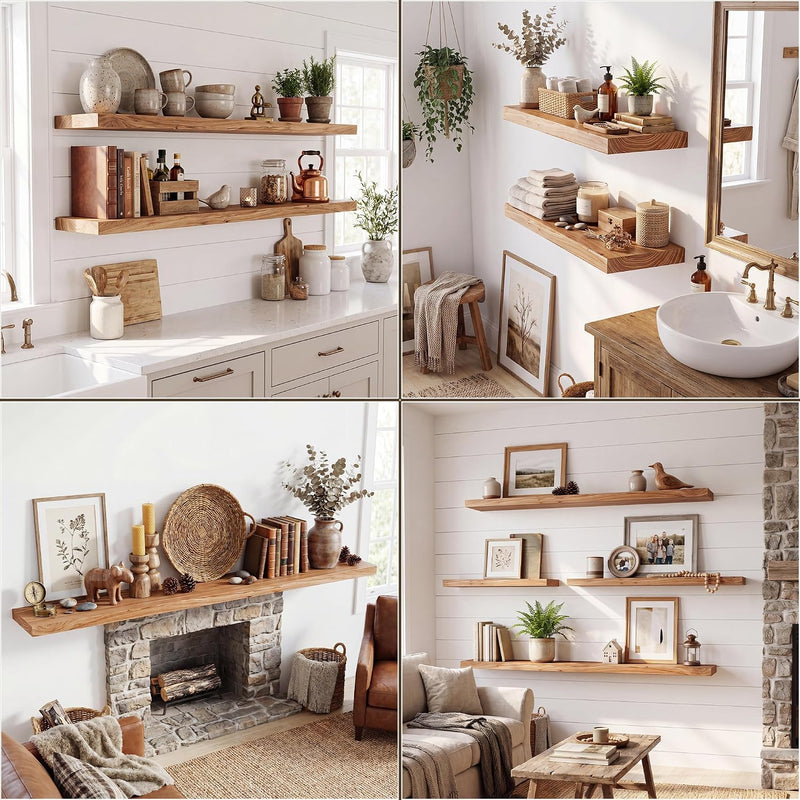 Solid Wood Floating Shelves 60CM Natural Elm Wall (Set of 2)