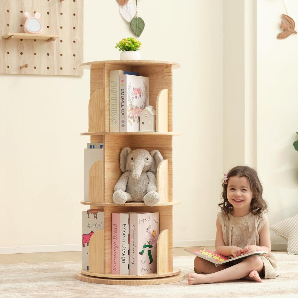 Solid Wood Rotating Bookshelf 3 Tier Children's