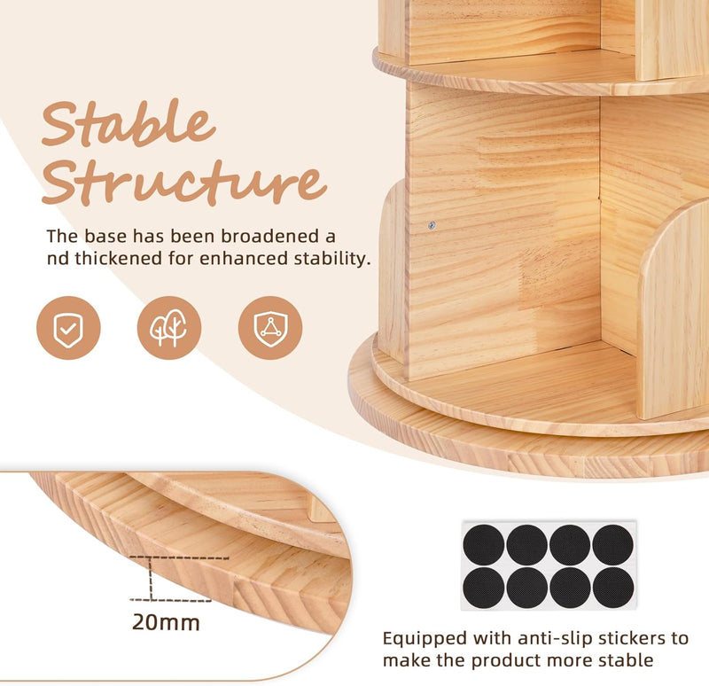Solid Wood Rotating Bookshelf 3 Tier Children's
