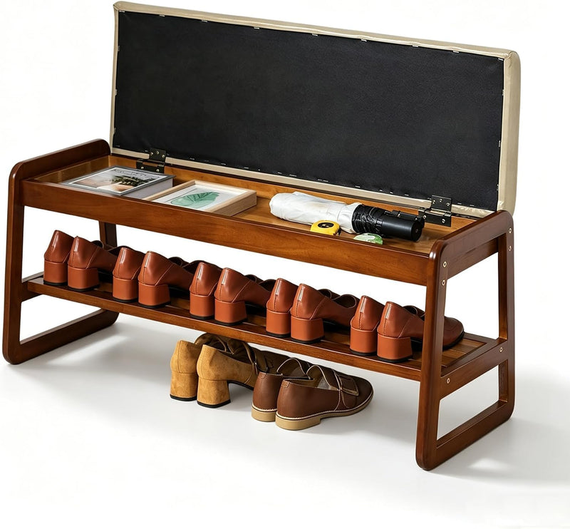 Solid Wood Shoe Bench 2-Tier Entryway with Cushion