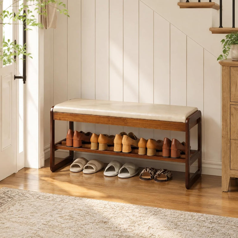 Solid Wood Shoe Bench 2-Tier Entryway with Cushion
