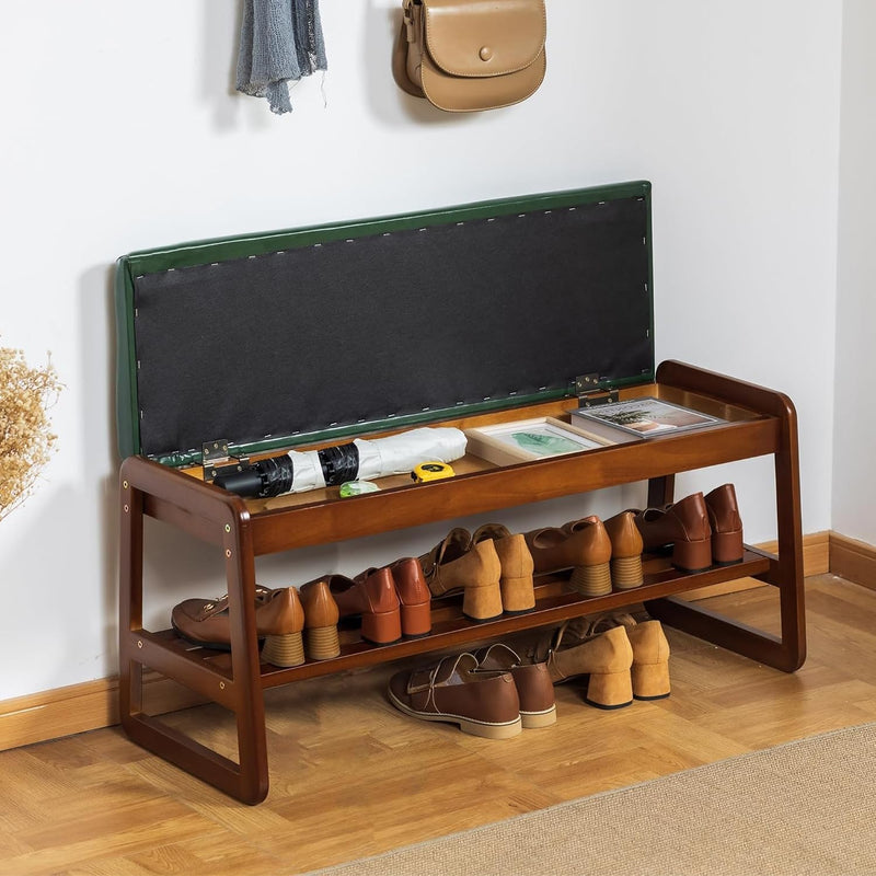 Solid Wood Shoe Bench 2-Tier Entryway with Cushion