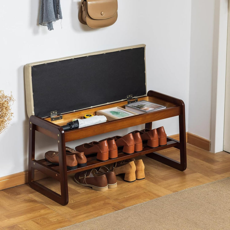 Solid Wood Shoe Bench 2-Tier Entryway with Cushion