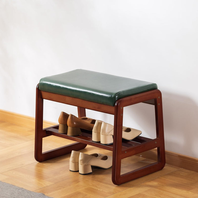 Solid Wood Shoe Bench 2-Tier Wooden Storage Entryway