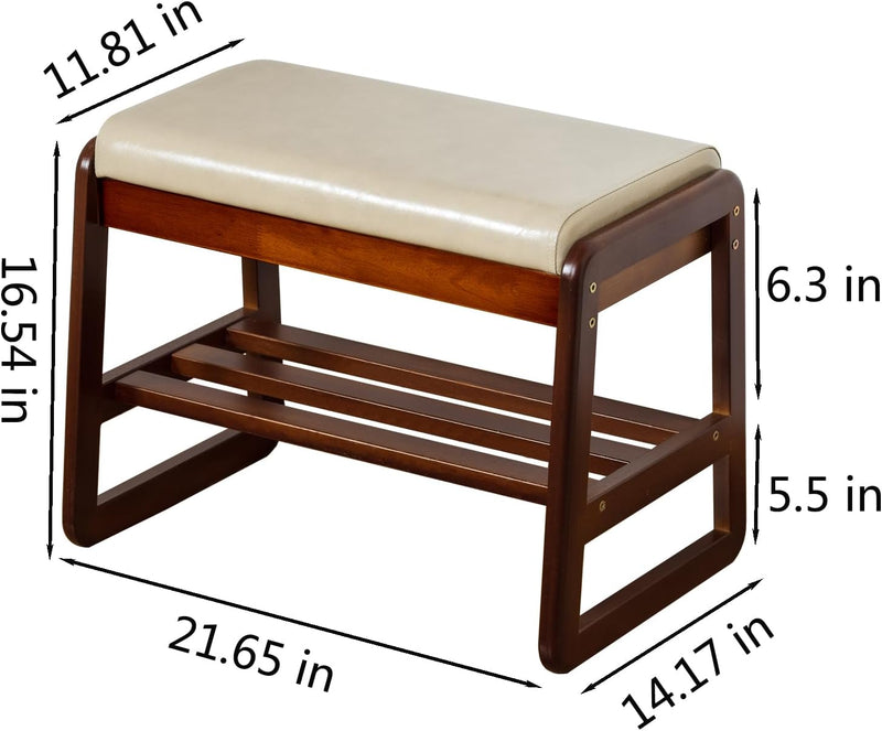 Solid Wood Shoe Bench 2-Tier Wooden Storage Entryway