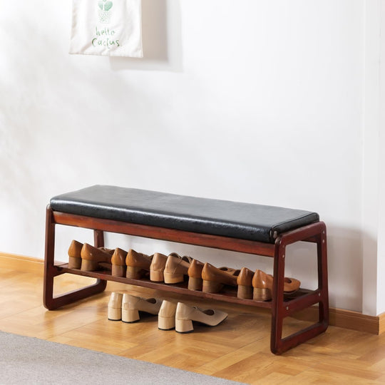Solid Wood Shoe Bench 2-Tier Entryway with Cushion