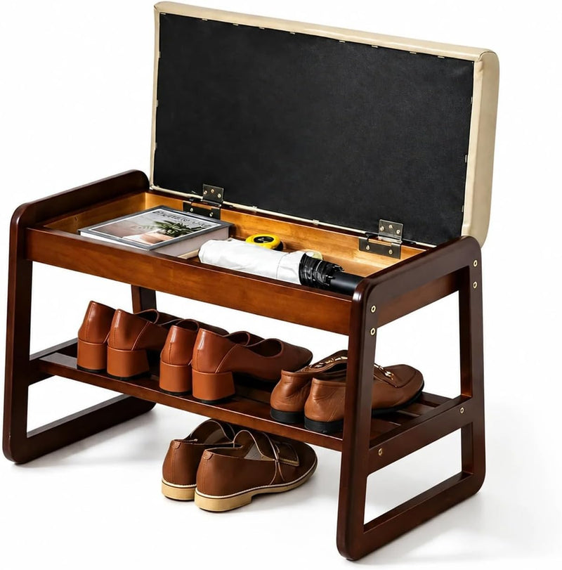 Solid Wood Shoe Bench 2-Tier Entryway with Cushion