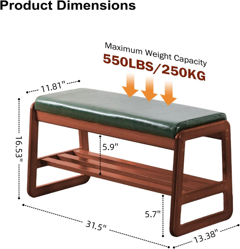 Solid Wood Shoe Bench 2-Tier Wooden Storage Entryway