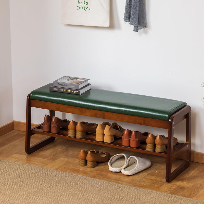 Solid Wood Shoe Bench 2-Tier Wooden Storage Entryway