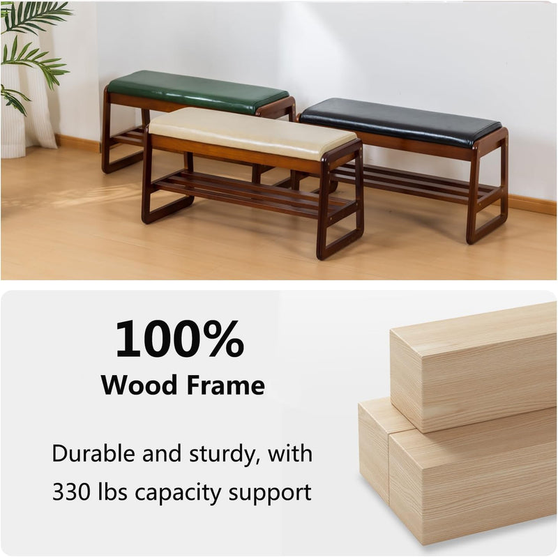 Solid Wood Shoe Bench 2-Tier Wooden Storage Entryway