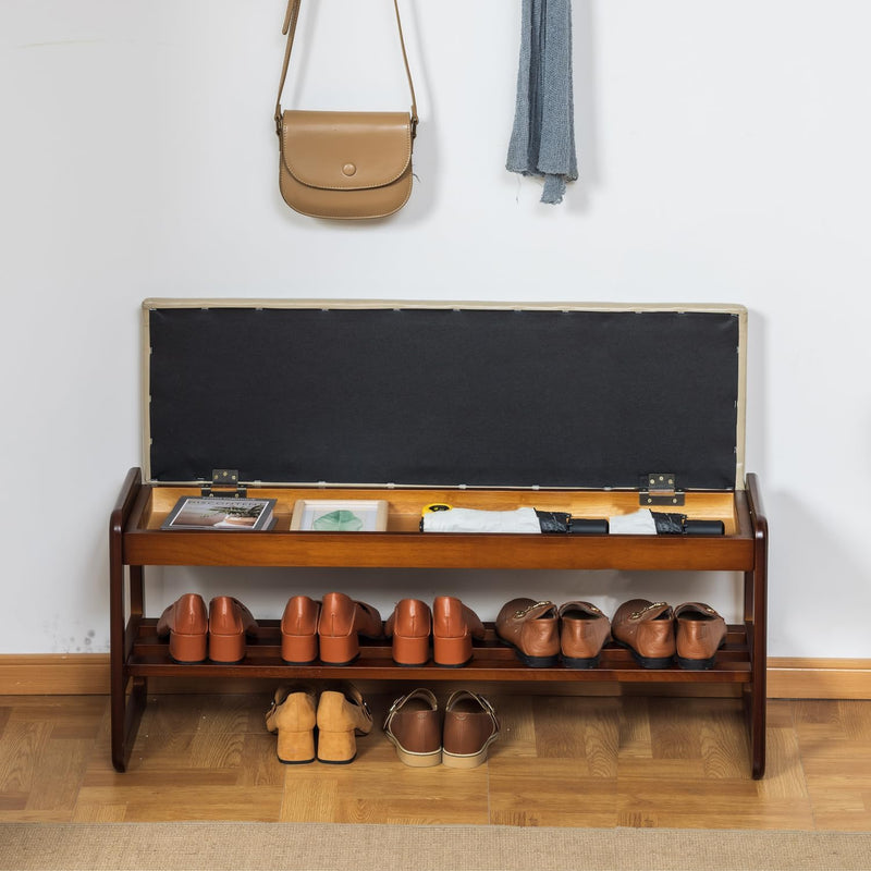 Solid Wood Shoe Bench 2-Tier Wooden Storage Entryway