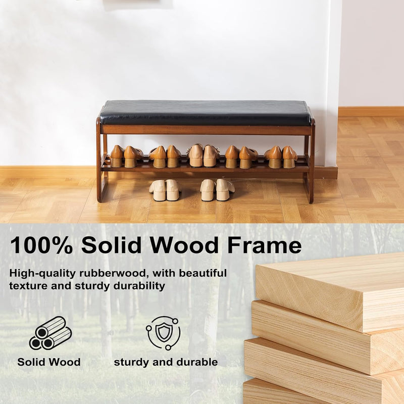 Solid Wood Shoe Bench 2-Tier Wooden Storage Entryway