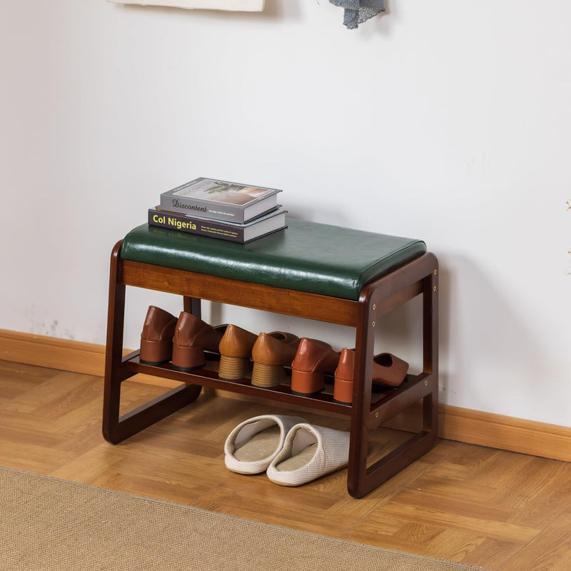 Solid Wood Shoe Bench 2-Tier Wooden Storage Entryway