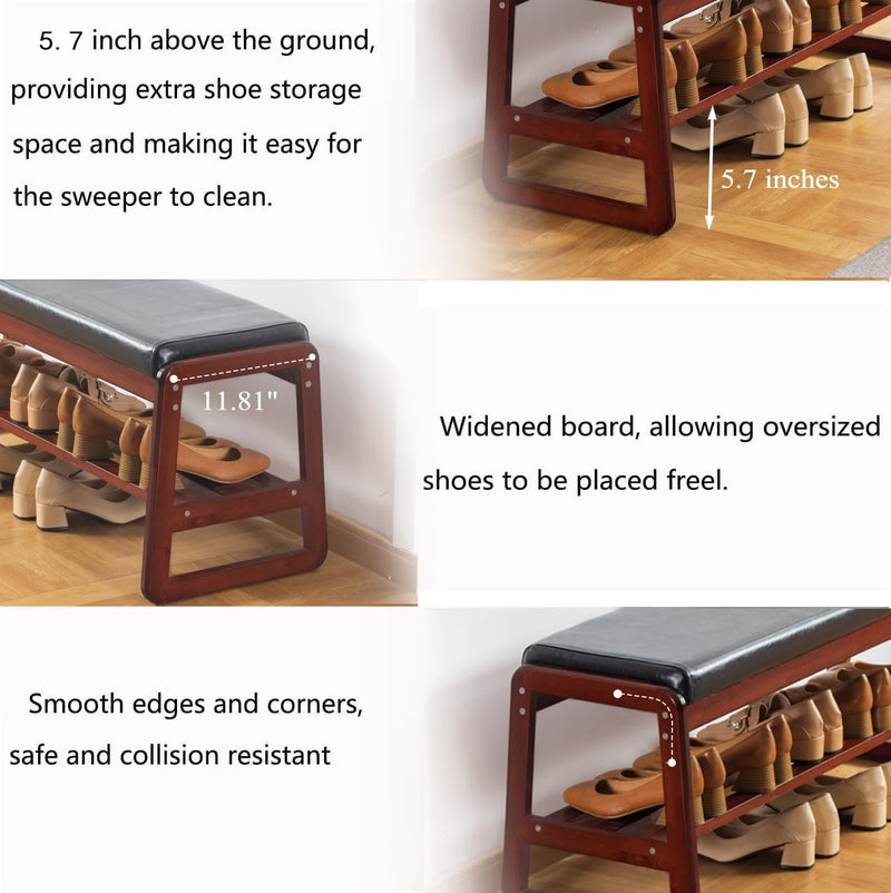 Solid Wood Shoe Bench 2-Tier Wooden Storage Entryway