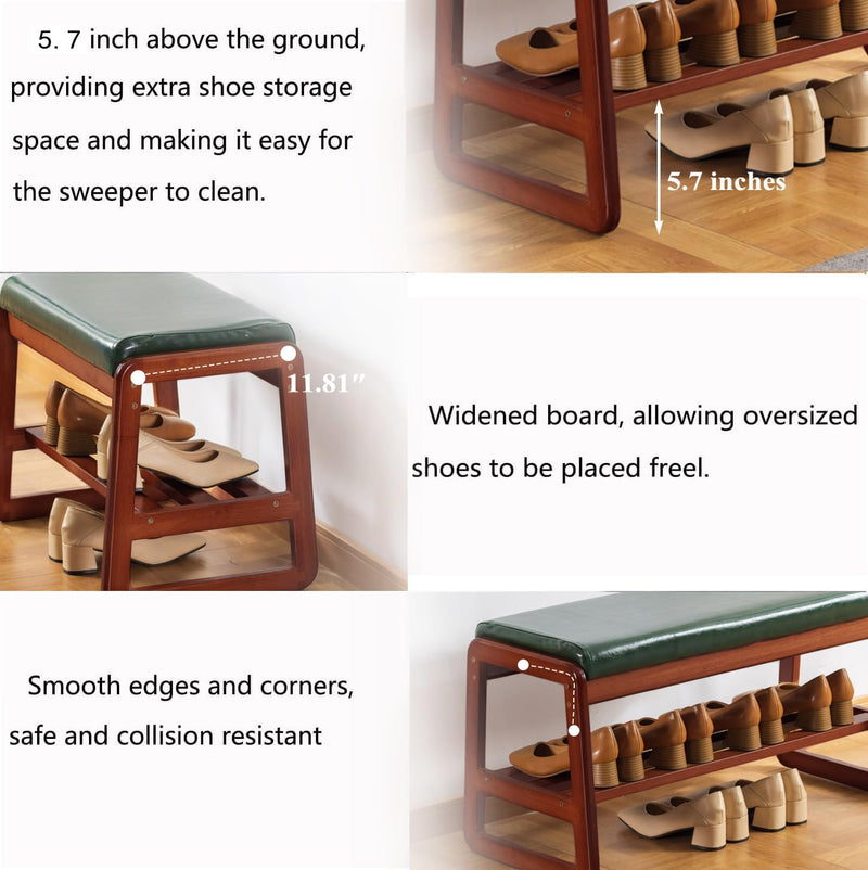 Solid Wood Shoe Bench 2-Tier Wooden Storage Entryway