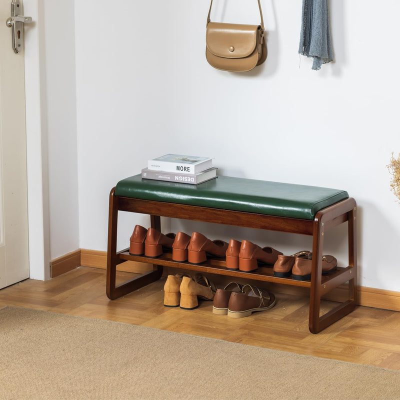Solid Wood Shoe Bench 2-Tier Wooden Storage Entryway