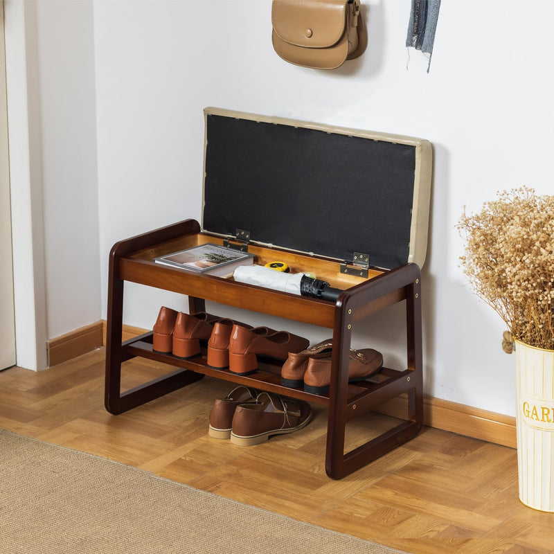 Solid Wood Shoe Bench 2-Tier Wooden Storage Entryway