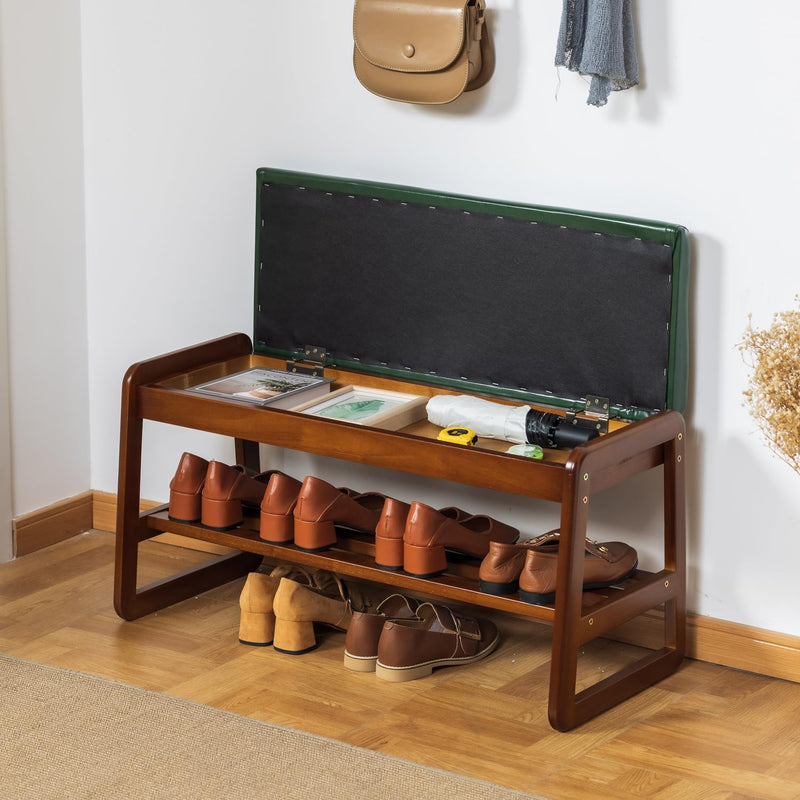 Solid Wood Shoe Bench 2-Tier Wooden Storage Entryway