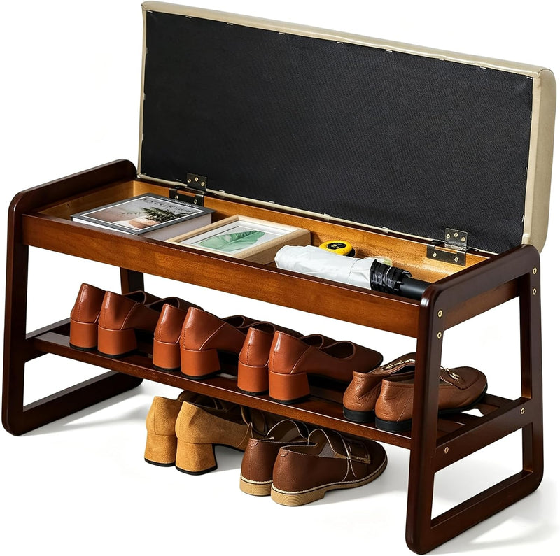Solid Wood Shoe Bench 2-Tier Entryway with Cushion