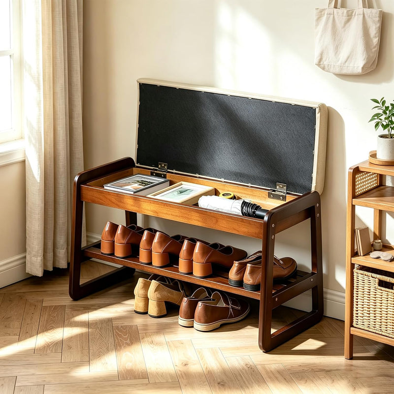 Solid Wood Shoe Bench 2-Tier Entryway with Cushion