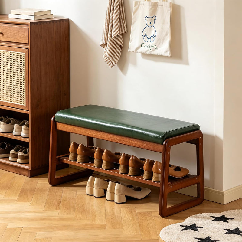 Solid Wood Shoe Bench 2-Tier Wooden Storage Entryway