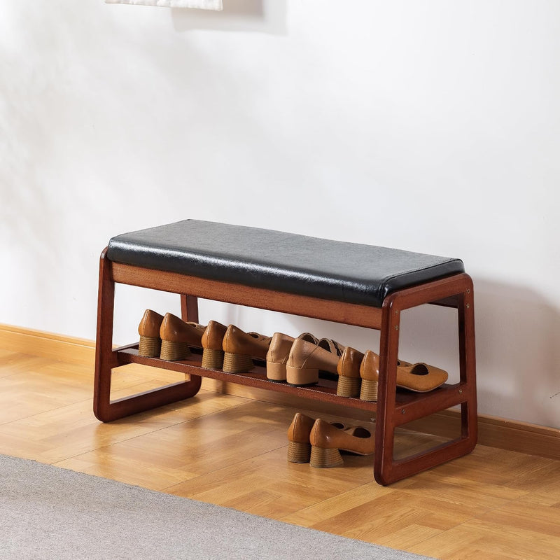 Solid Wood Shoe Bench 2-Tier Wooden Storage Entryway