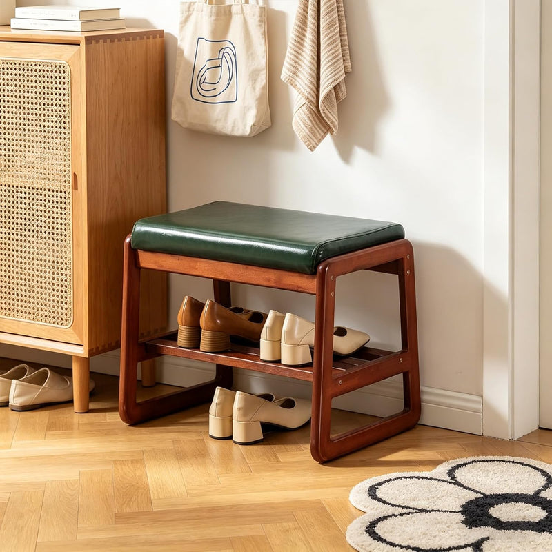 Solid Wood Shoe Bench 2-Tier Wooden Storage Entryway
