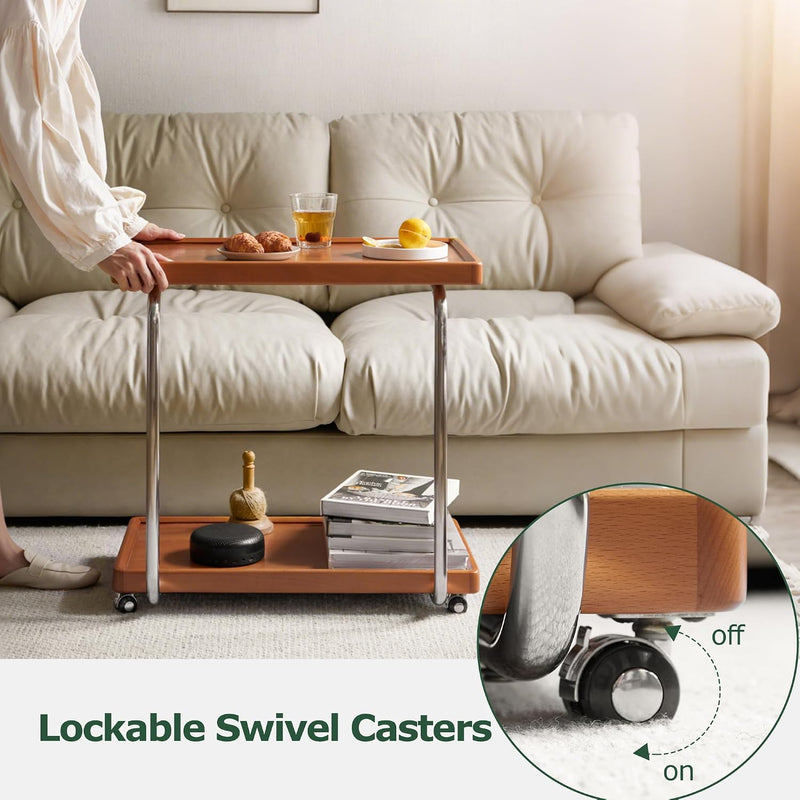Solid Wood Side Table with Wheels C Shaped
