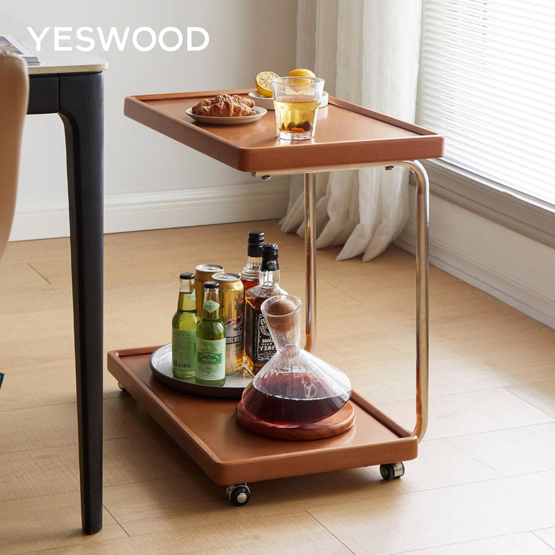 Solid Wood Side Table with Wheels C Shaped