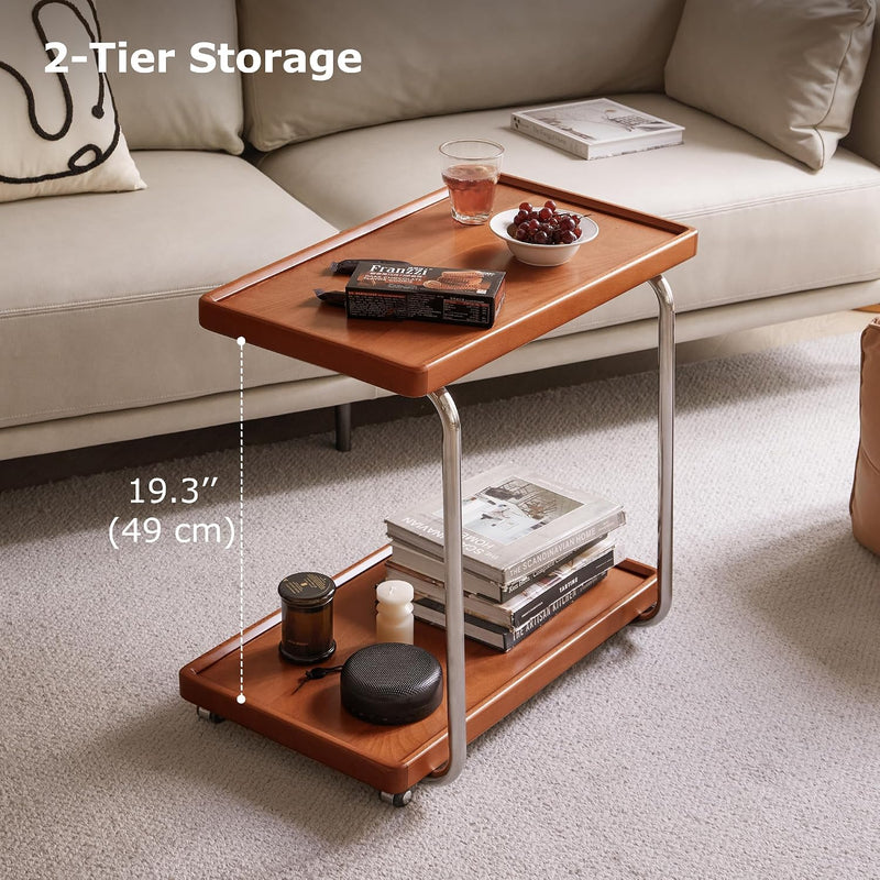 Solid Wood Side Table with Wheels C Shaped