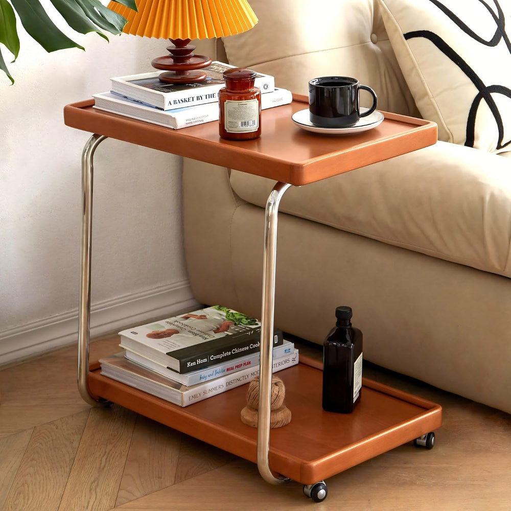 Solid Wood Side Table with Wheels C Shaped