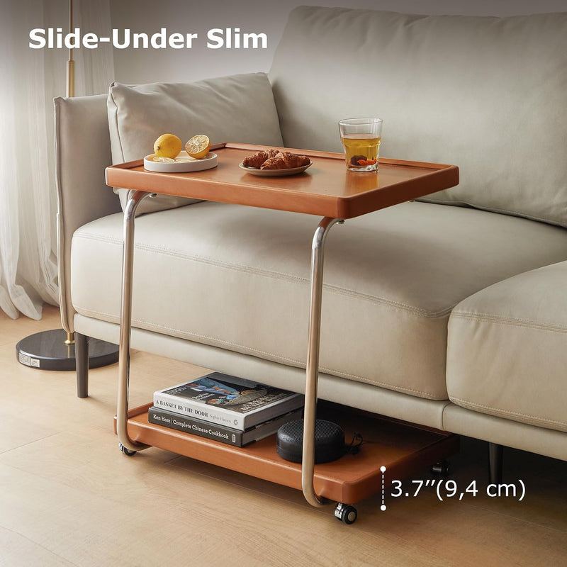 Solid Wood Side Table with Wheels C Shaped