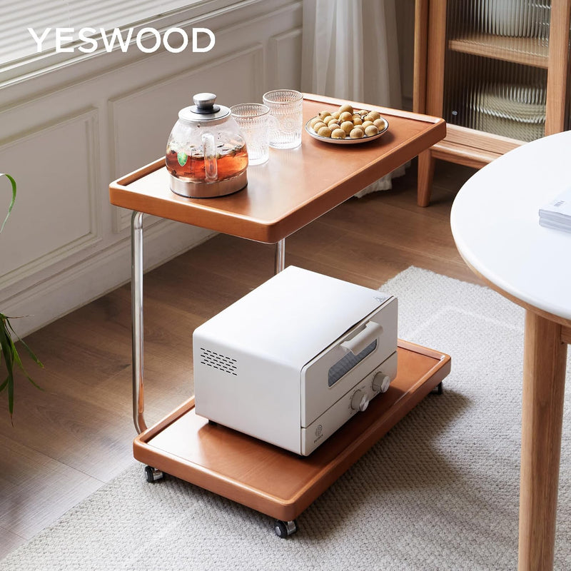 Solid Wood Side Table with Wheels C Shaped