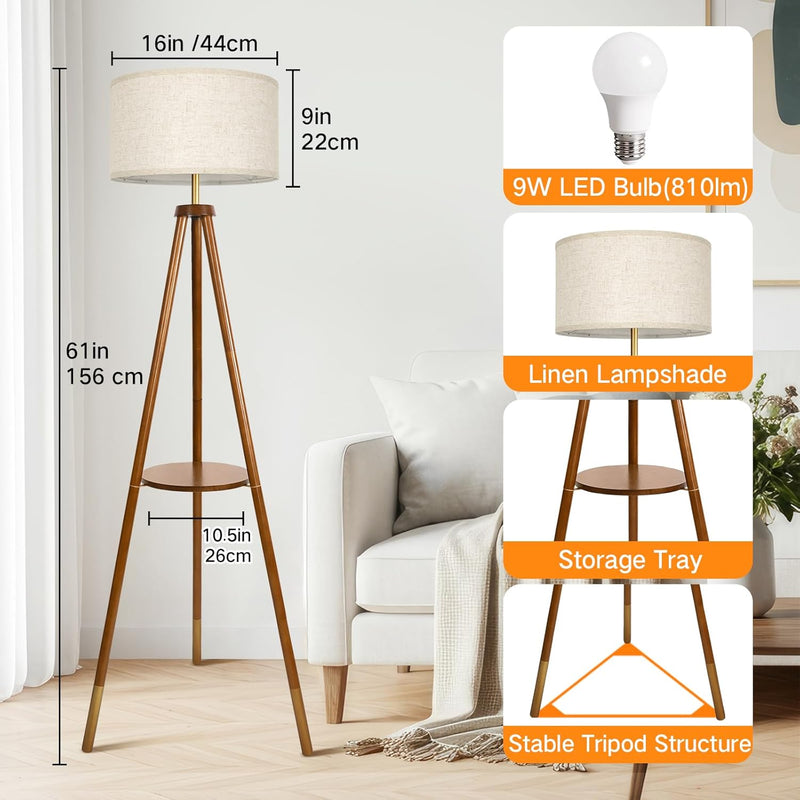 Solid Wooden Tripod Floor Lamp Bulb Included Standing