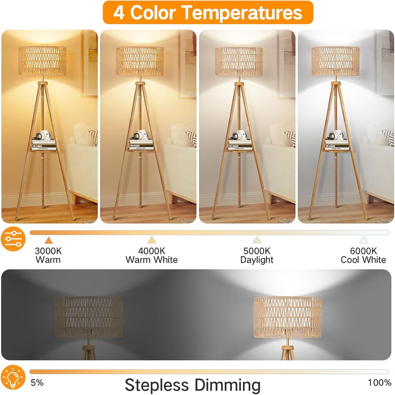 Solid Wooden Tripod Floor Lamp Touch Control Standing