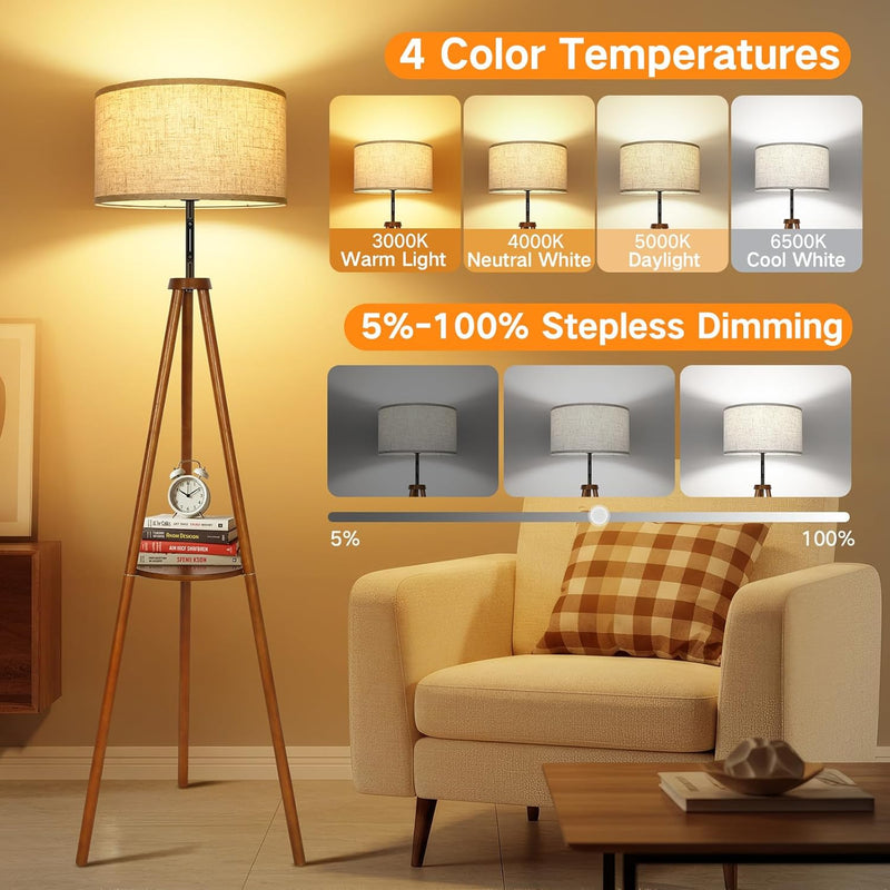 Solid Wooden Tripod Floor Lamp Touch Control Standing