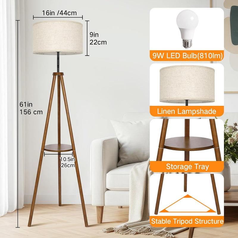 Solid Wooden Tripod Floor Lamp Touch Control Standing