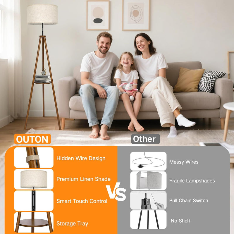 Solid Wooden Tripod Floor Lamp Touch Control Standing