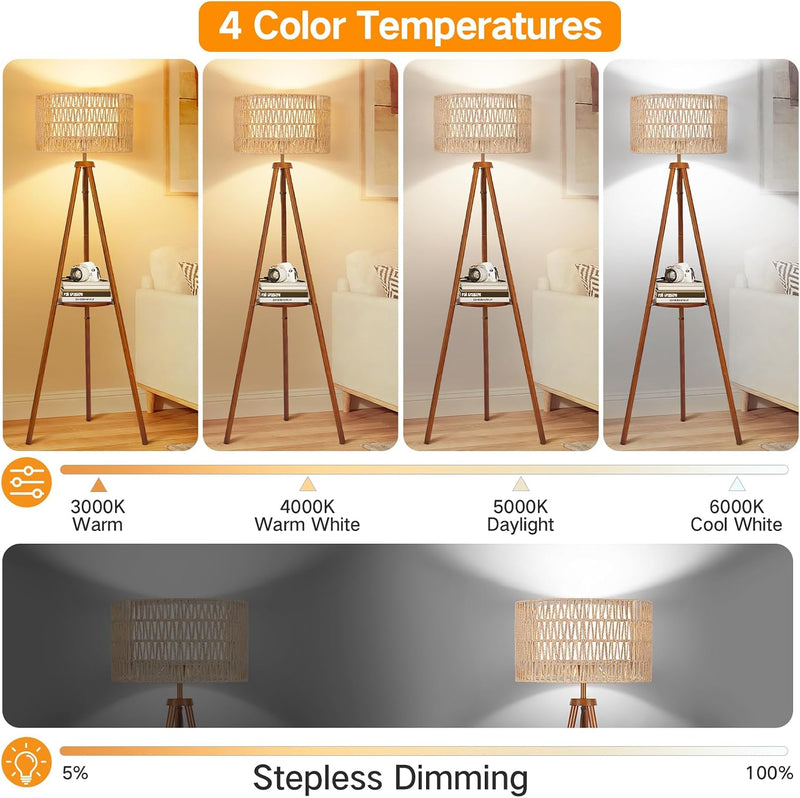 Solid Wooden Tripod Floor Lamp Touch Control Standing