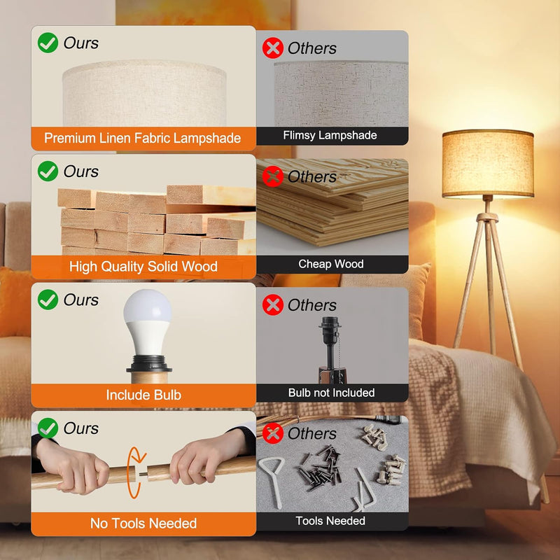 Solid Wooden Tripod Floor Lamp Touch Control Standing