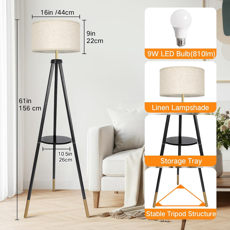 Solid Wooden Tripod Floor Lamp Touch Control Standing