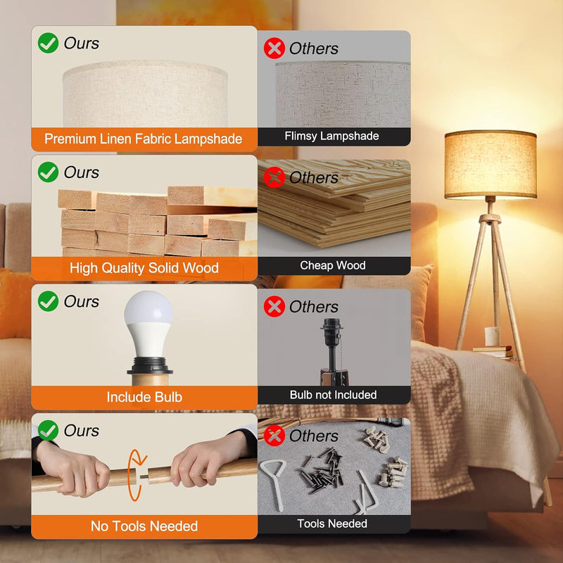 Solid Wooden Tripod Floor Lamp Touch Control Standing