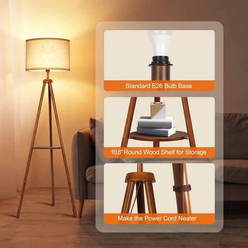 Solid Wooden Tripod Floor Lamp Touch Control Standing