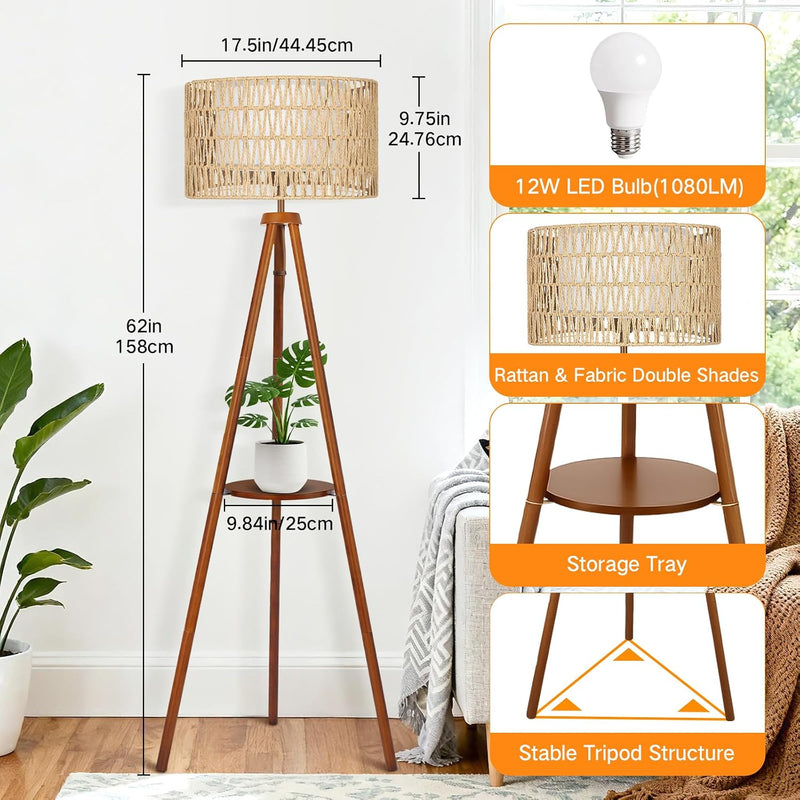 Solid Wooden Tripod Floor Lamp Touch Control Standing