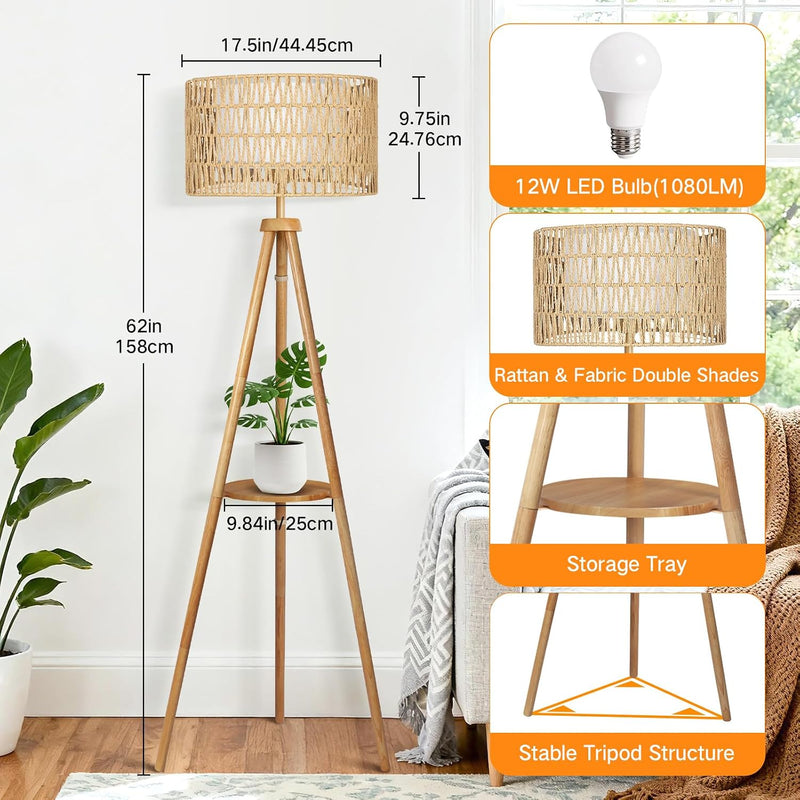Solid Wooden Tripod Floor Lamp Touch Control Standing