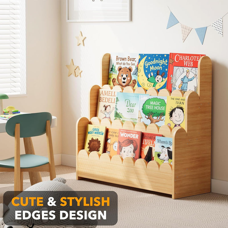 3-Tier Scalloped Bookshelf Montessori Bookcase for Toddlers